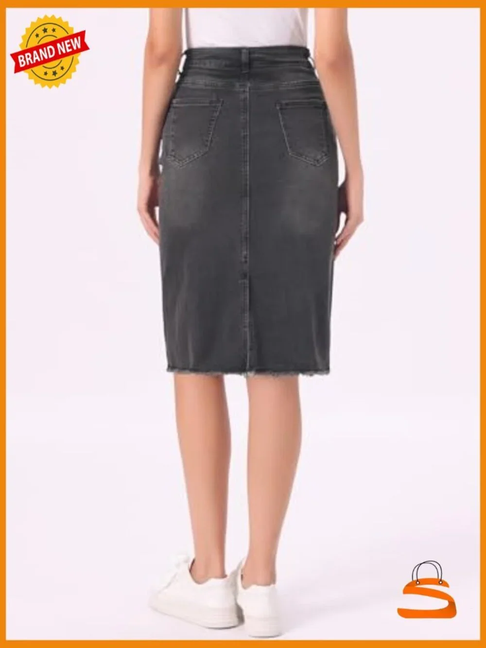 High Waist Denim Midi Skirt Back Slit Raw Hem Stretch Casual